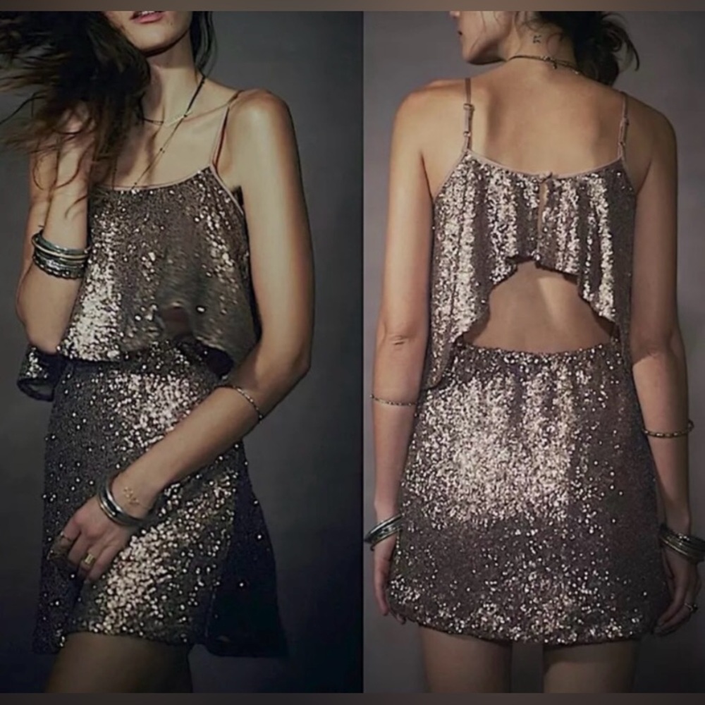Lovers + Friends gold sequin open back tiered mini dress -sz xs - Party Cocktail